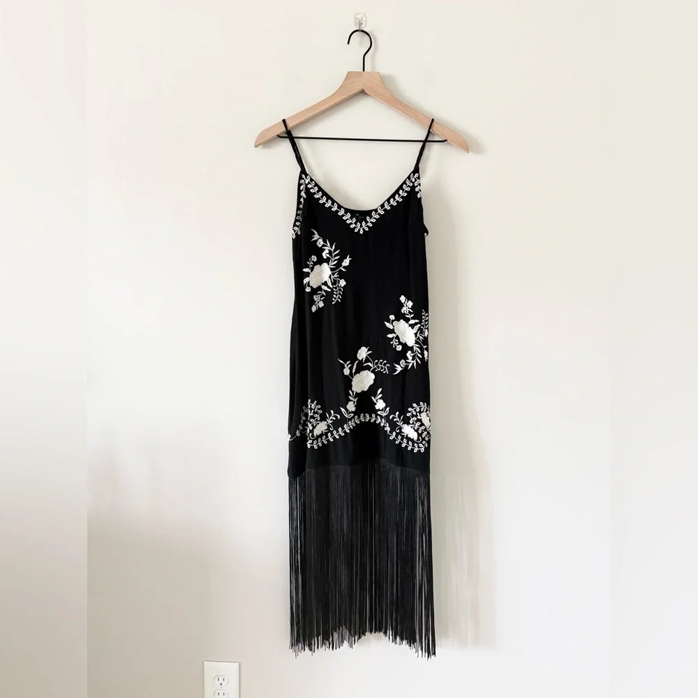 Nasty Gal Black Mini Dress with White Floral Embroidery & Fringe - Picture 2 of 6